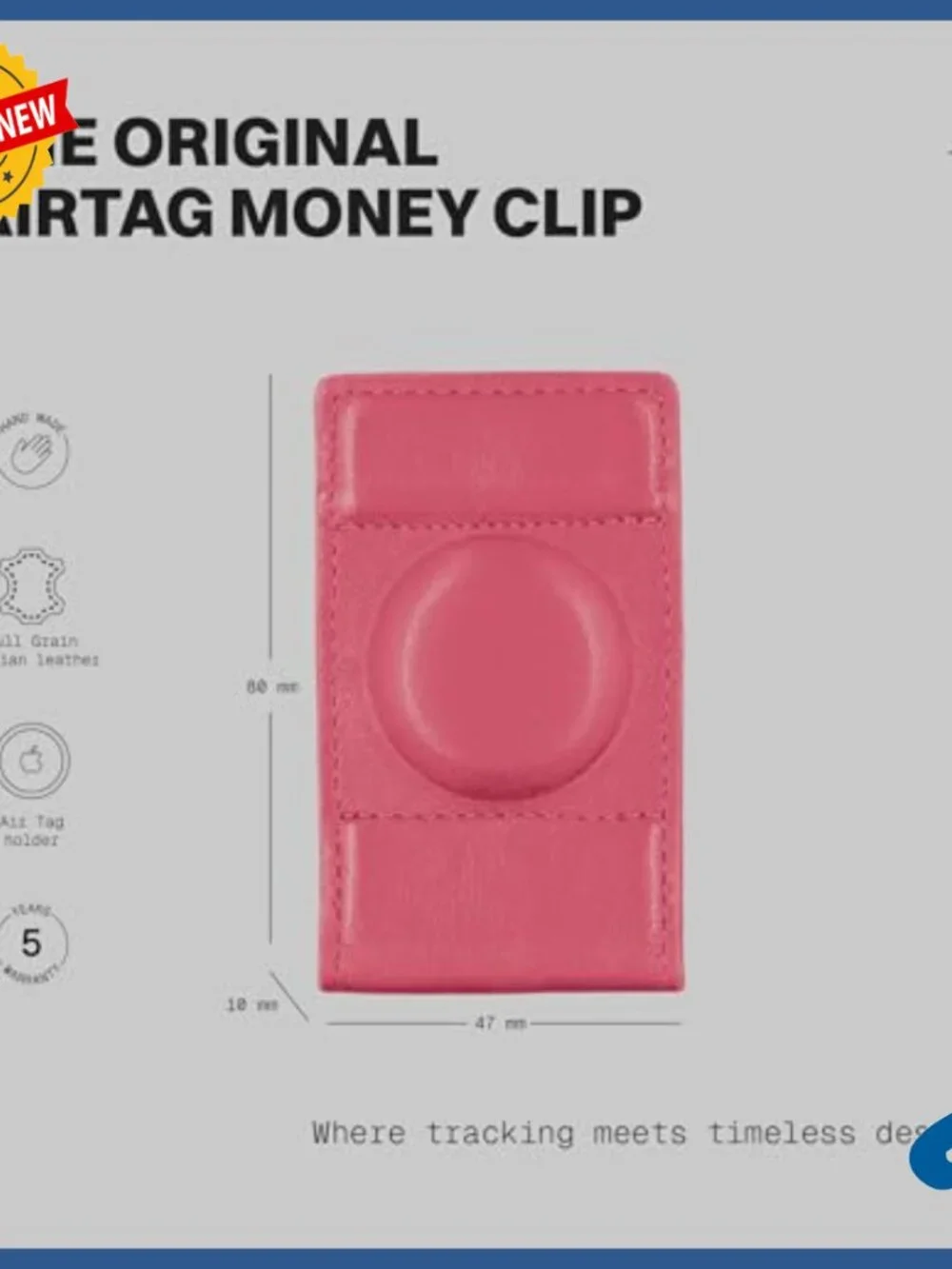 Full-Grain Leather Money Clip with AirTag Pocket, Magnetic Cash Holder